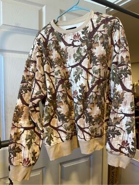 Original Use Cream Crewneck Sweater with Olive and Brown Botanical Print